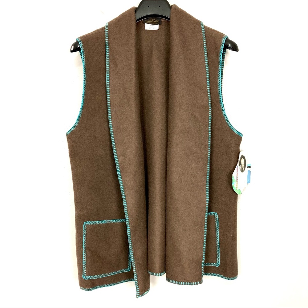 Linda Lundstrom Fleece Blanket Stitch Vest Women’s Size 12 Open Front Pockets